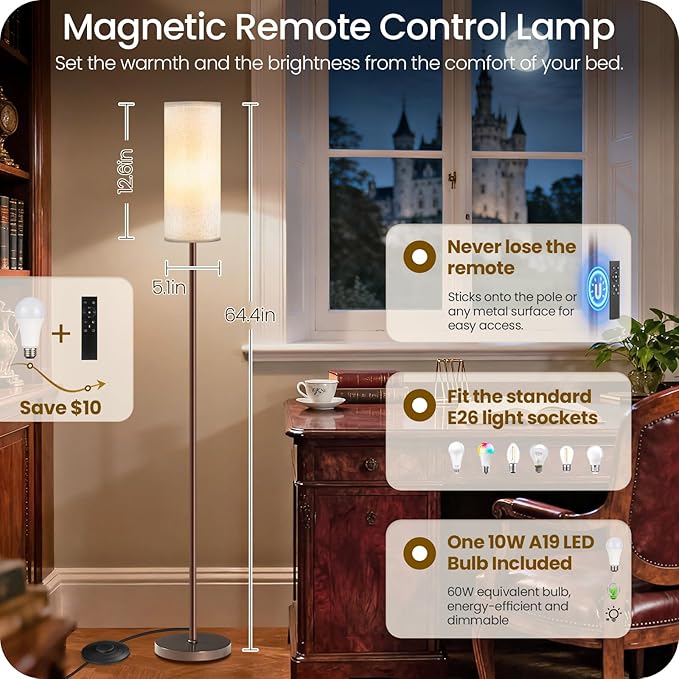 Dimmable Floor Lamps for Living Room with Remote and Foot Switch, 64.4” Modern Standing Tall Lamp, Corner Lamp for Bedroom, Office, Bulb Included, 3000K-6500K, Beige and Brown VW06LD05W1