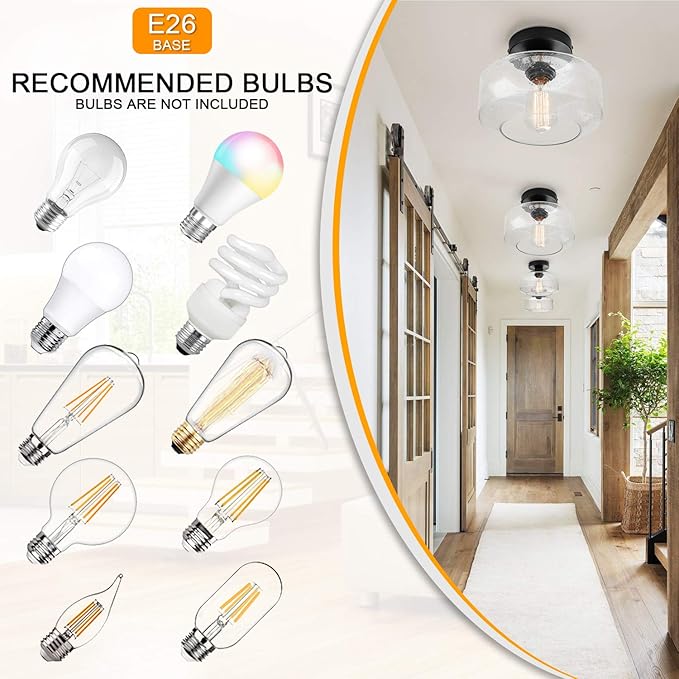 SunRider Industrial Semi-Flush Mount Ceiling Light Fixture, Modern Seeded Glass Pendant Lamp, Black Farmhouse Hanging Lighting for Bedroom Hallway