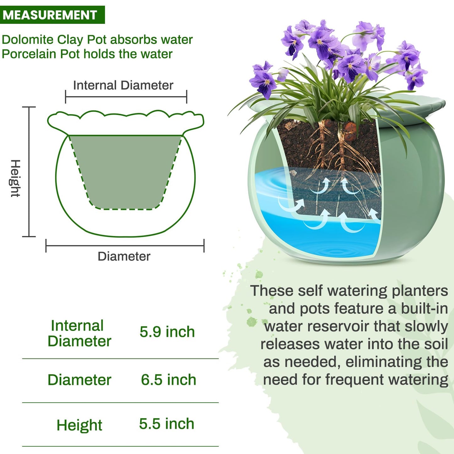 Suclain 2 Pcs African Violet Pots, 6.5 Inch Self Watering Pots for Indoor Flowers and Plants Ceramic Easy Self Watering Plant Pot with Highly Absorbent Inner Planter Pot for Tropical Plants(Green)