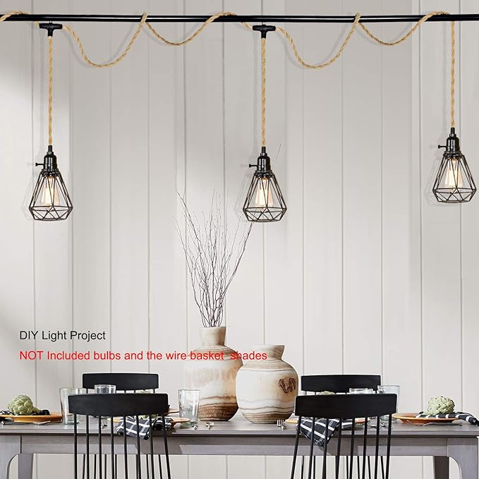 Triple Plug in Pendant Lights with Cord Hanging Lamp Kit with Switch 23 Ft Long Hemp Rope Farmhouse Pndant Light Cord Lighting Fixture Kits DIY Hanging Light