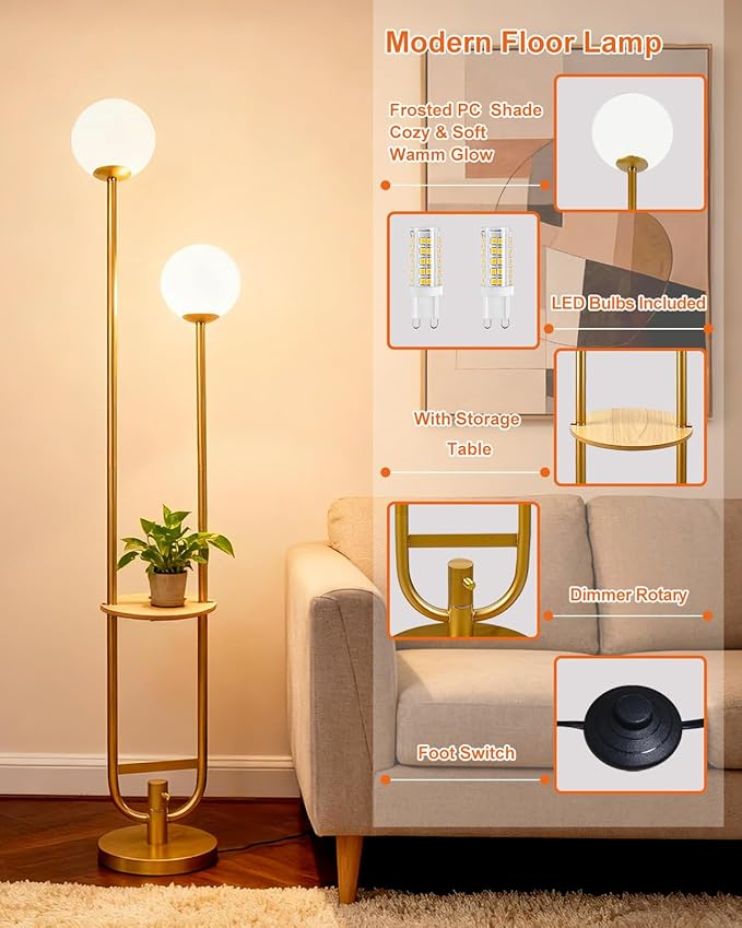Lightdot 63IN Gold Floor Lamp with Table, 2 Globe Mid Century Standing Lamps with Warm White LED Bulbs, Unique U-Pole Vintage Tall Floor Lamp for Living Room/Wedding/Party/Sofa Beside/Corner Decor