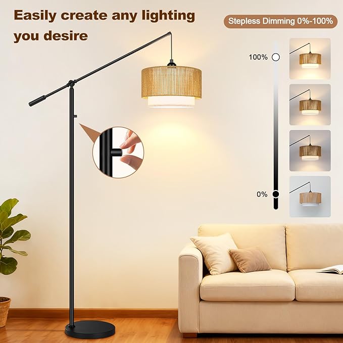 【Upgraded】Dimmable Boho Floor Lamp for Living Room, Modern Swing Arm Floor Lamp with Rattan & Fabric Shades, Black Rattan Standing Lamp with 11W Bulb, Farmhouse Adjustable Tall Lamp for Bedroom Office