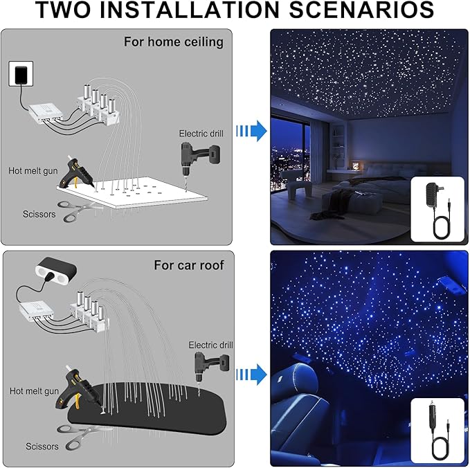 Split 4 Colors 12W Car Starlight Headliner Kit 700pcs*0.02in*9.8ft with APP&RF Remote,RGBW Fiber Optic Strands Star Roof Lights,4 Port Engine Sound Activated Star Ceiling Lights for Car/Home Decor