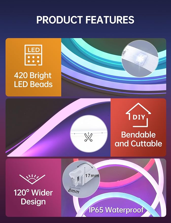 RGB+IC Neon Rope Lights, 16.4 ft Smart LED Rope Light with Music Sync, Works with Alexa, Google Assistant, Custom DIY Flexible Neon Strip Lights for Bedroom, Wall Decor (2.4G WiFi Only)