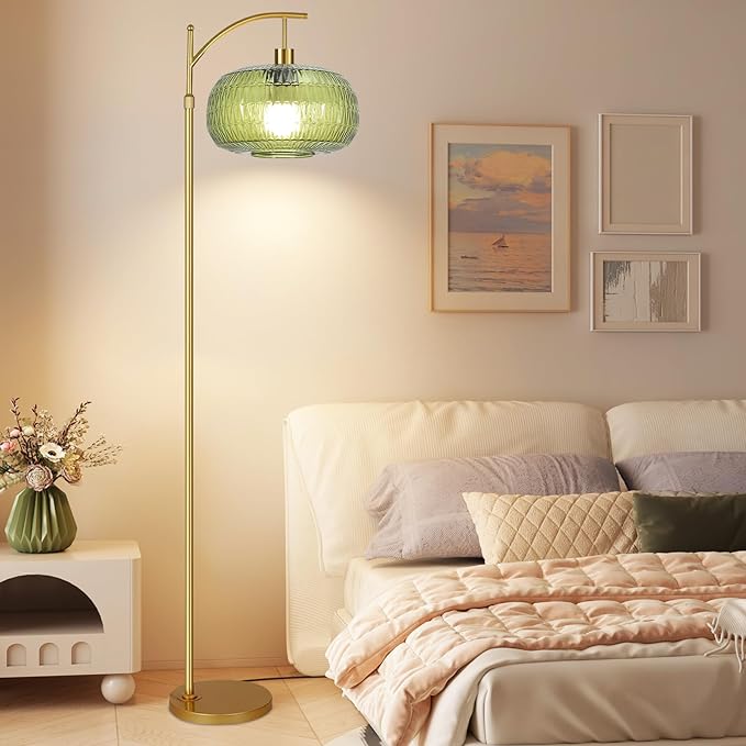 Green Floor Lamp for Living Room,Bedroom,Gold Dimmable Standing Lamp with Remote,Mid Century Modern Brass Tall Lamp Boho Floor Lamps Arc Stained Glass Floor Light Lamp Girls Bohemian