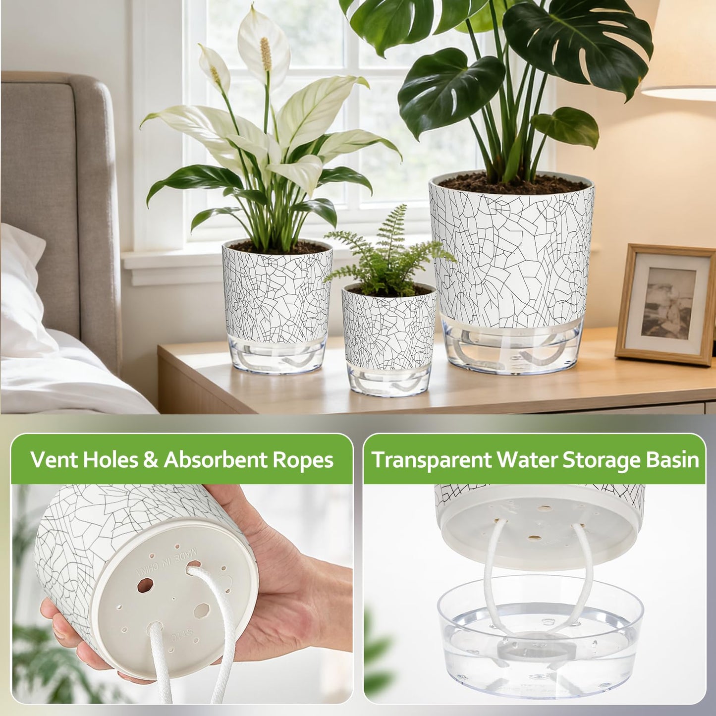 Samhe 3 Pack Self Watering Pots for Indoor Plants, 4+5.5+6.3 Inch Self Watering Plant Pots, Flower Pots with Wick Rope and Reservoir - Crack Texture