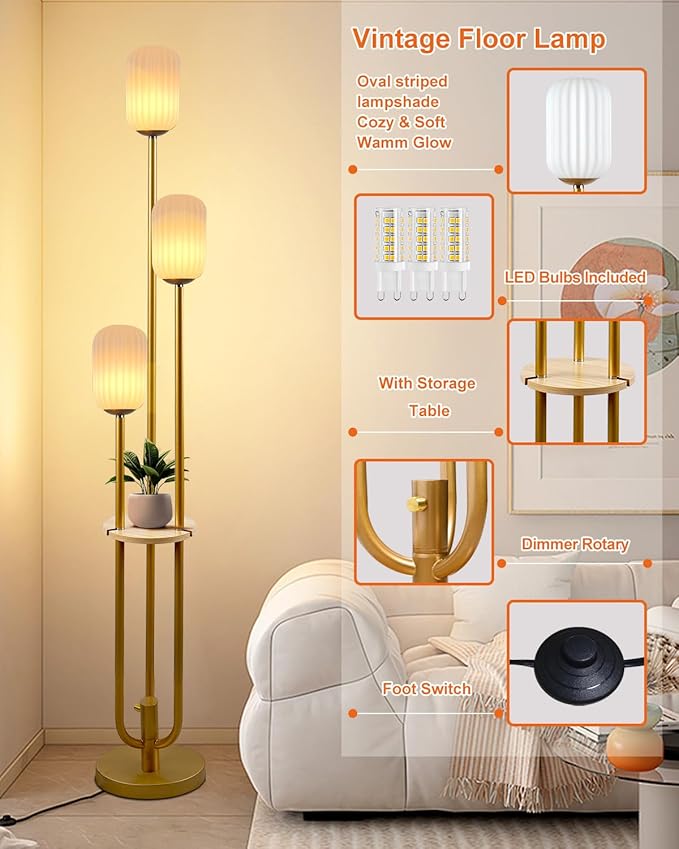 Lightdot Dimmable Floor Lamp with Shelf, Modern Gold Tall Floor Lamps with Oval Striped Lampshade for Wedding/Party, 3000K Bulb Included 3-Lights Standing Lamp for Living Room/Sofa Beside/Corner Decor