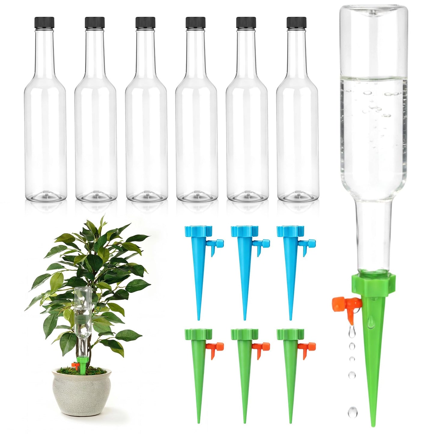 Ferrochef 6 Set Plant Watering Devices with Self Watering Spikes Automatic Planter Insert Spikes with Bottle Waterer Devices with Adjustable Control Valve for Vacation Garden Indoor(25 oz Bottle)