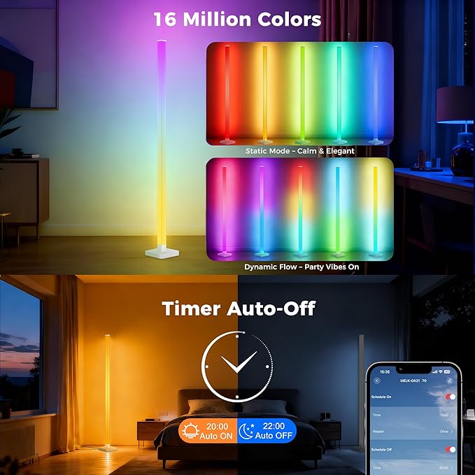 2 Pack DIY Corner Floor Lamps, ICRGB Floor Lamp with Music Sync and 16 Million Colors, Color Changing Standing Floor LED Lights for Bedroom Living Room Decor, Ambient Mood Lighting Gaming