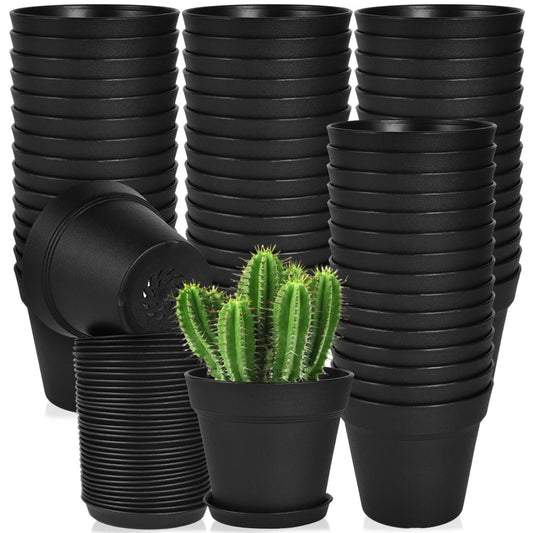June Fox 60 Pack Small Plant Pots Indoor 4 Inch Plastic Planter with Drainage Holes and Saucers Premium Black Pots for Plants Bulk for Succulent, African Violets, Flowers, Seed Starting