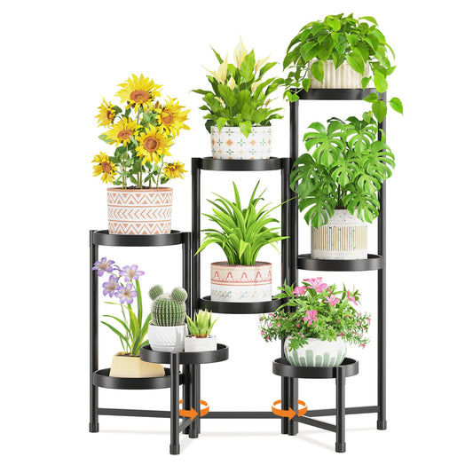 LASZOLA 8 Tiered Folding Tall Plant Stand Indoor for Multiple Large Planter, Heavy Duty Metal Adjustable Flower Rack for Narrow Corner, Sturdy Vertical Spiral Shelving Holder for Modern House, Black