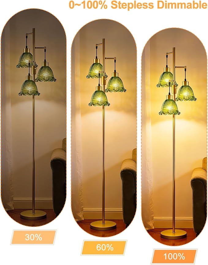 Glass Floor Lamps for Living Room, 3-Light Gold Dimmable Floor Lamp with Green Glass Shade& Bulbs Included, Mid Century Standing Tall Lamp for Bedroom/Sofa Beside/Corner Decor