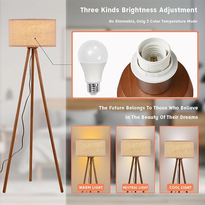 Wood Tripod Floor Lamp for Bedroom, Farmhouse Wooden Floor lamp with 3 Color Temparature LED Bulb for Living Room, Office, Footswitch,ETL Listed/Brown Wood Color