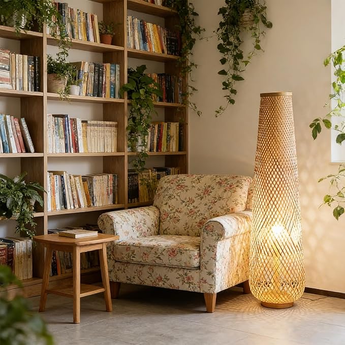 MIXL-Farmhouse Style Bamboo Floor Lamp,Large Wicker Indoor Floor Light,Boho Standing Light Plug in,Modern Minimalist Standing Lamp for Living Room Bedroom