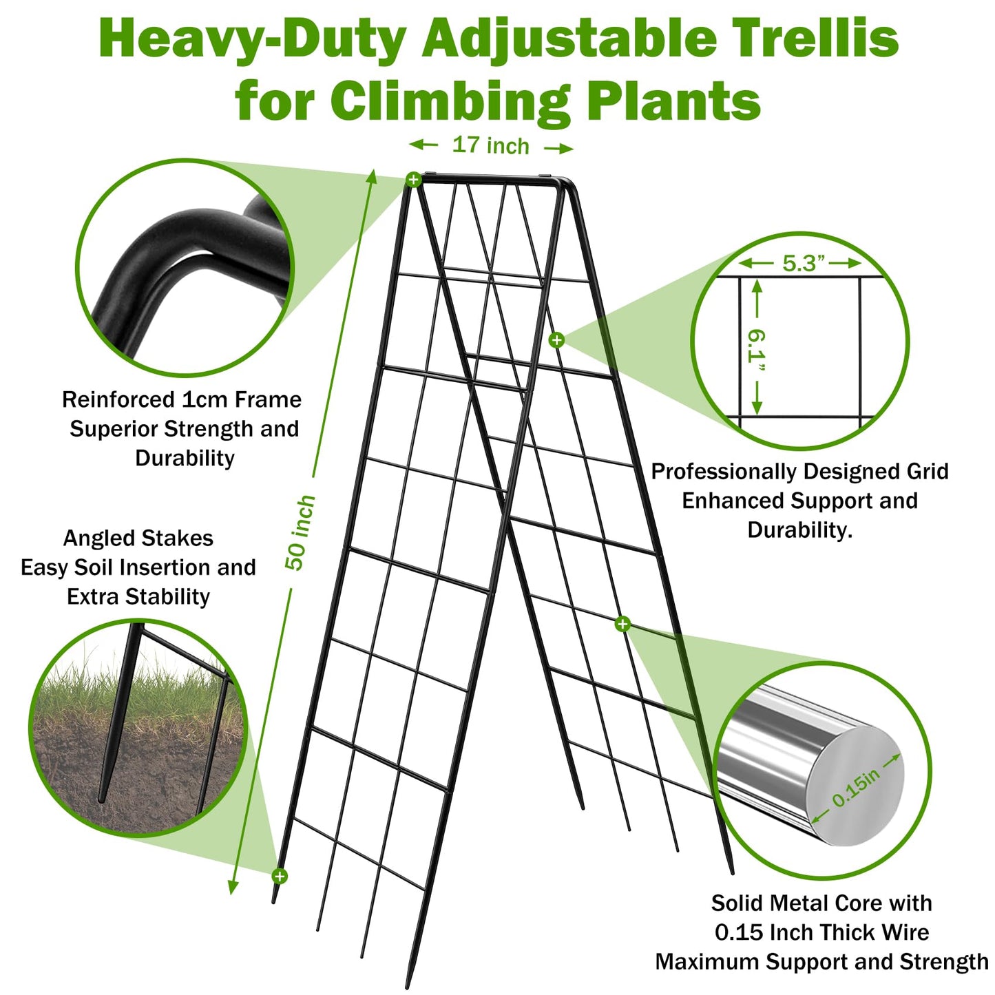 2 Pack 50" Tall A Frame Trellis for Climbing Plants Outdoor (50" X 17") – Heavy Duty Garden Adjustable Trellis, Metal Trellis for Cucumbers, Beans, Tomatoes, Grapes, and Vining Vegetables