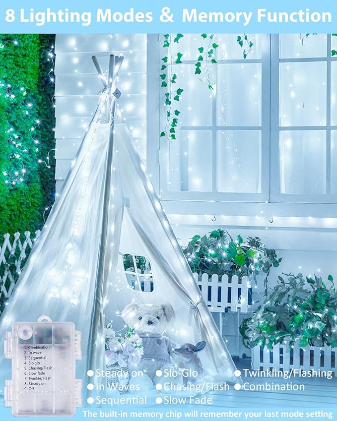 2 Pack 100LED Battery Operated Fairy Lights with Remote, 8 Modes LED String Lights with Timer, Dimmable, Memory Function, Waterproof Twinkle Lights for Outdoor Indoor Christmas Decor(Cool White)