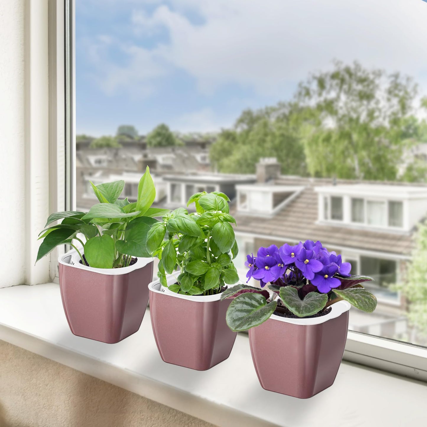 Oliz 8 Pack Self Watering Pots 4-inch Decorative Flower Planters for Indoor Plants Modern Square planters for Small Plants Window Sill Planters for Succulents, African Violets, Herbs(Rose Gold)