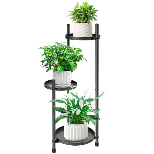 MeyRolizn 3-Tier Metal Plant Stand for Indoor & Outdoor, Heavy Duty Corner Flower Shelf Display Rack for Living Room Balcony Patio Garden Bedroom Classroom Black (Black-B)
