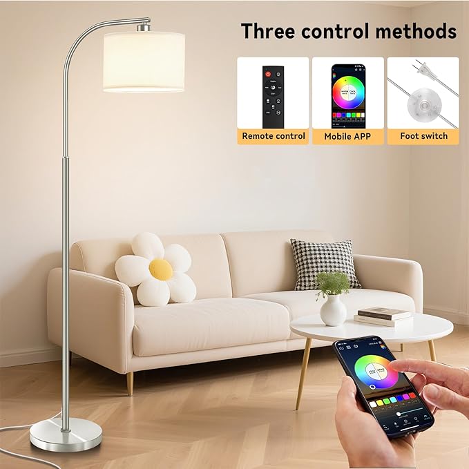 Floor Lamp for Living Room with Remote,Dimmable Standing Lamps,Modern Tall Floor Light with Smart RGB Bulb,App Control,3 Color Temperatures,Fabric Shades,Silver Floor Lamp for Bedroom Corner