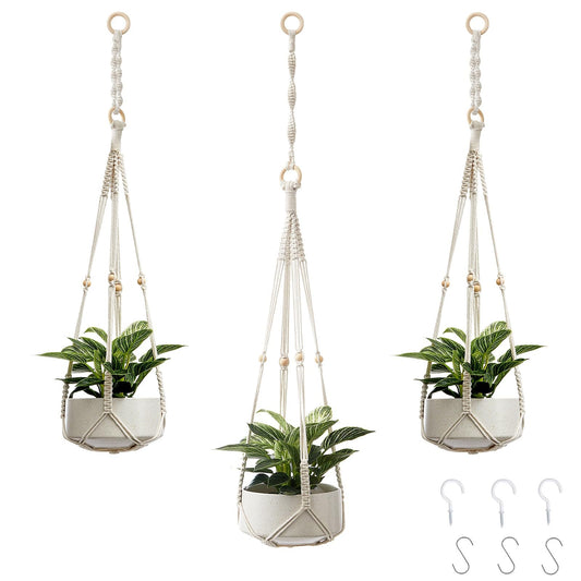 CADNLY Macrame Plant Hangers Indoor – Rope Hanging Plant Holder with Extender - Boho Hanging Planters Indoor - White Macrame Hanger Outdoor Flower Pot Holder from Ceiling Wall 3 Pack 6 Hooks