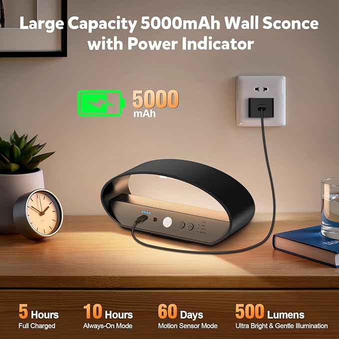 Motion Sensor Wall Sconces, Rechargeable 5000mAh Battery Operated Wall Light with Remote Control 3 Colors Temperatures & Dimmable 15 RGB Colors Up and Down Wireless Wall Mount Light