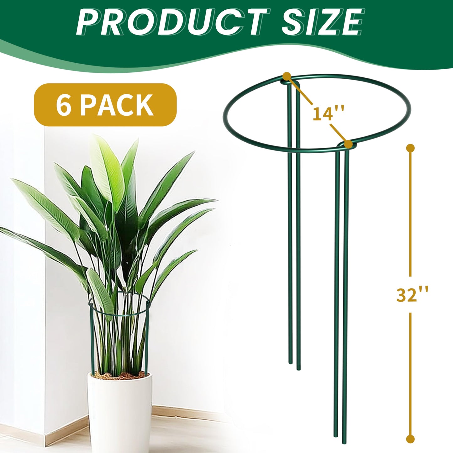 TCBWFY 14" Dx32 H Plant Supports Stakes for Large Heavy Plants,6 Pack Peony Supports,Heavy Duty 5mm Wire Peony Cages,Interlock Garden Supports Ring Border Support,Plant Support Cage for Rose Flower