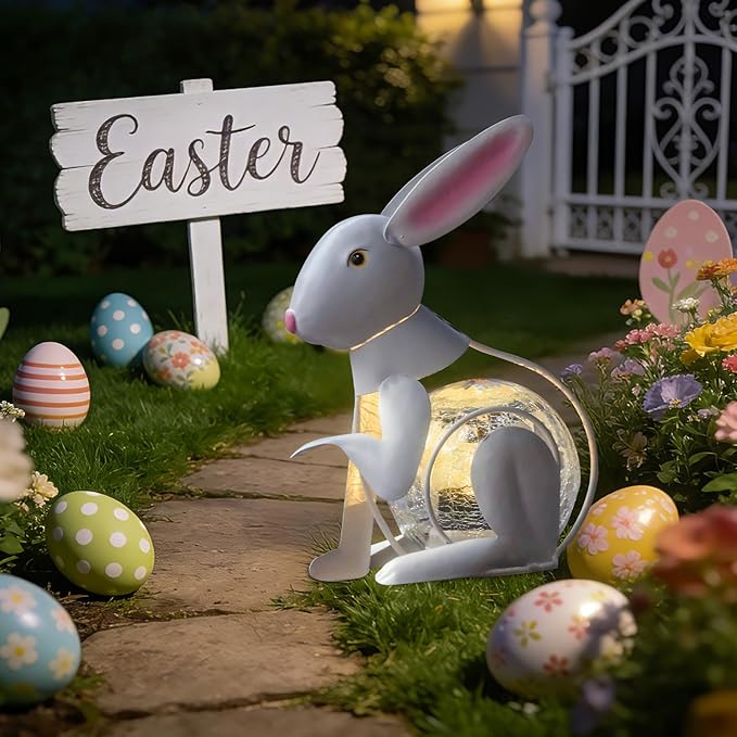 MUMTOP Metal White Rabbit Solar Lights Decorative, Bunny Easter Decorations Cracked Glass Light Tabletop Lantern, Spring Decor Solar Lanterns Outdoor Waterproof for Yard Patio Garden Easter Gift