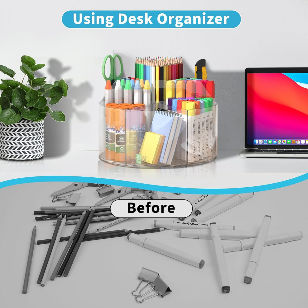 Rotating Markers Organizer - Acrylic Lazy Susan for Kids | 360° Spinning Pencil Holder with 6 Compartments