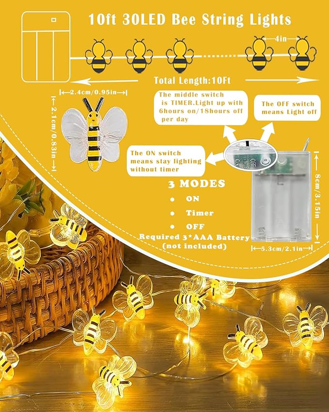 ITICdecor Bee Lights Cute Bee Fairy Lights with Timer 10FT 30 LEDs Christmas Gifts Honey Bee Decorative String Lights for Bedroom Birthday Party Wedding Xmas Plants Patios Decor