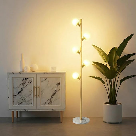Fiqevs 5 Globe Floor Lamp for Living Room, Mid Century Gold Modern Standing Lamp with Orb Frosted Glass Shade and 5 LED Bulbs, Elegant Tree Tall Lamp for Bedroom Office - Antique Brass