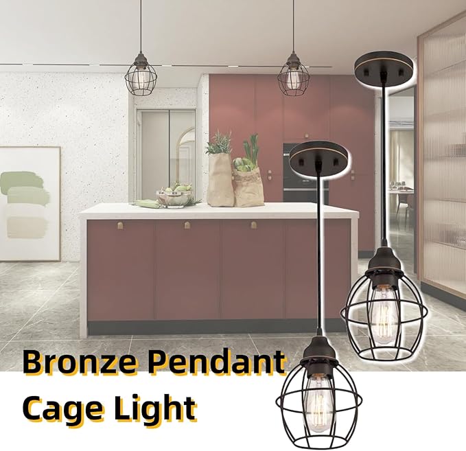 WISBEAM Oil Rubbed Bronze Kitchen Island Pendant Lighting Fixture, Cage Hanging Pendant Lights with E26 Medium Base Max. 60 Watts, Bulbs not Included, 2-Pack