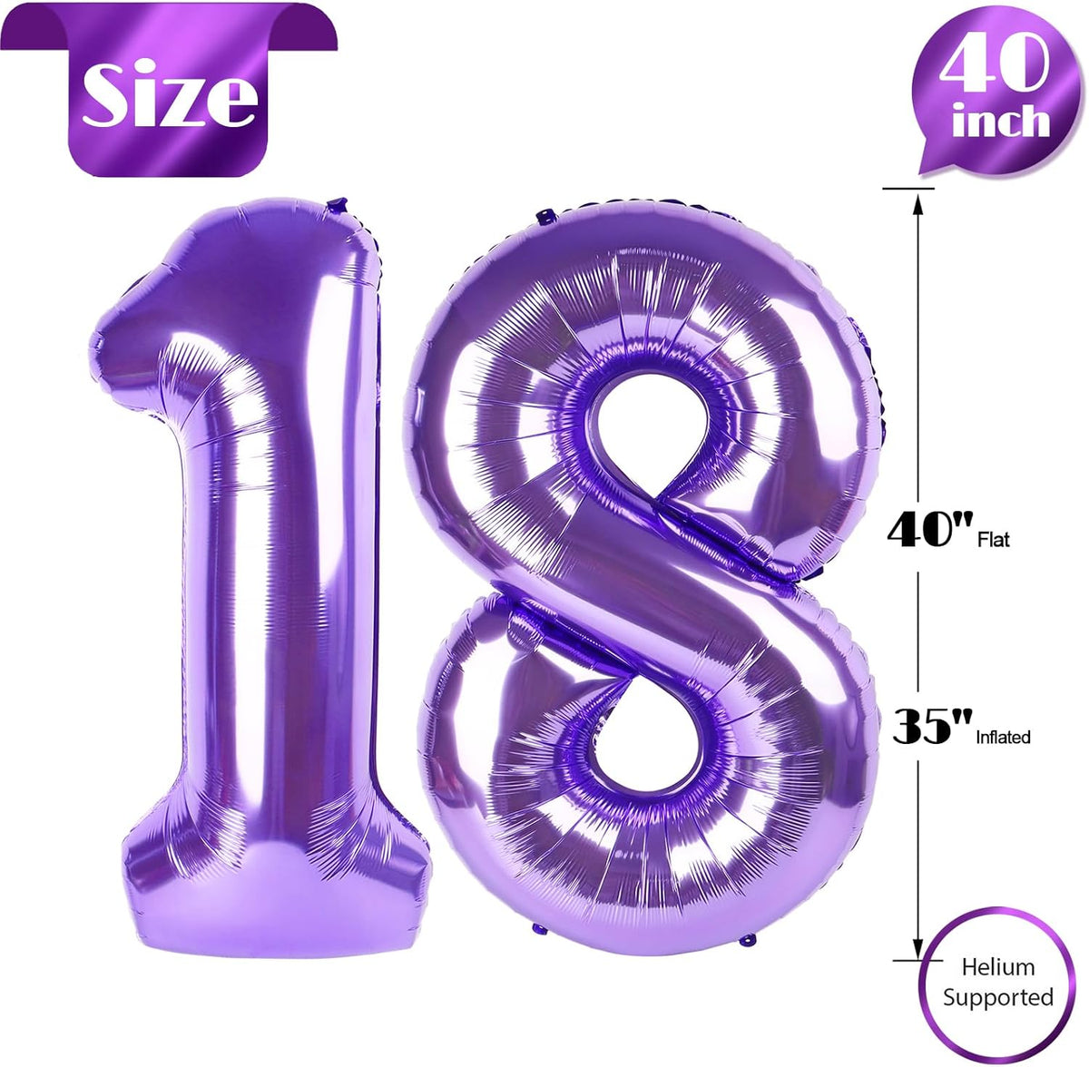 Purple Number 18 Balloon - 40 Inch Giant Foil Balloon for 18th Birthday Party Decorations