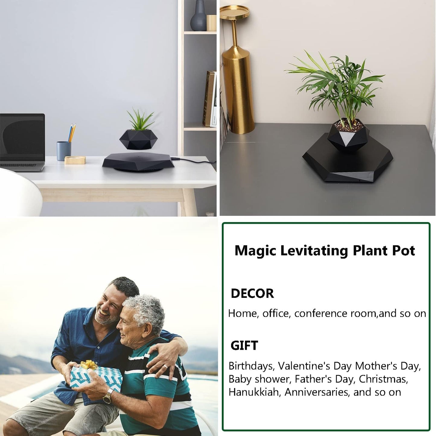 trggvvrt Floating Plant Pot for Small Plants, Magnetic Levitating Flower Pot Planter for Office Home Decoration, Black Hexagon Suspension Rotating Air Bonsai Planter Flower Pot