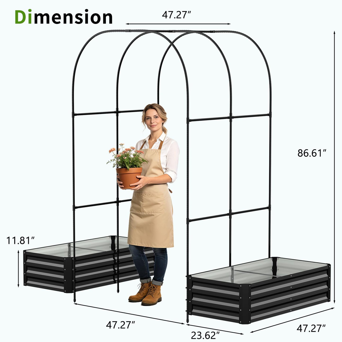 DoCred 3 in 1 Raised Garden Bed with 87in Tall Arch Trellis for Climbing Plants, Galvanized Planter Garden Box Outdoor for Gardening, Climbing Vegetables, Flower, Black