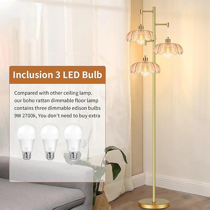 Vintage Floor Lamps for Living Room Bedroom-3 Light Glass Floor Lamp with Three Led Bulb, Flower Tall Floor Lamp Gold Mid Century Modern Standing Lamp Tree Floor Lamps for Living Room Bedroom Corner