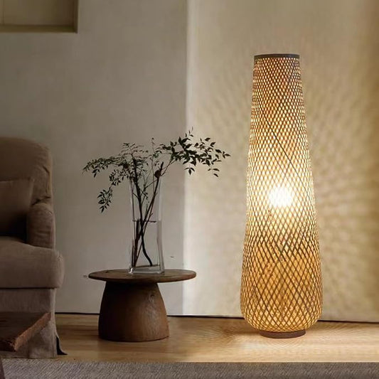 MIXL-Farmhouse Style Bamboo Floor Lamp,Large Wicker Indoor Floor Light,Boho Standing Light Plug in,Modern Minimalist Standing Lamp for Living Room Bedroom
