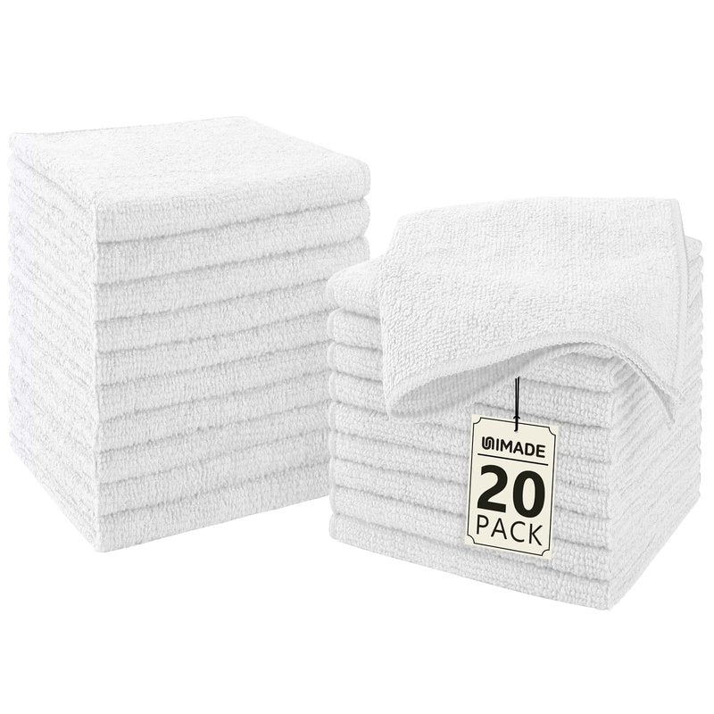 UNIMADE Washcloths - 20 Pack - Face Towels (12" x 12"), Highly Soft Wash Cloths and Hand Towels, Fast Drying Multi-Purpose Microfiber Cleansing Cloths for Bathroom, Hotel, Spa, and Salon - White