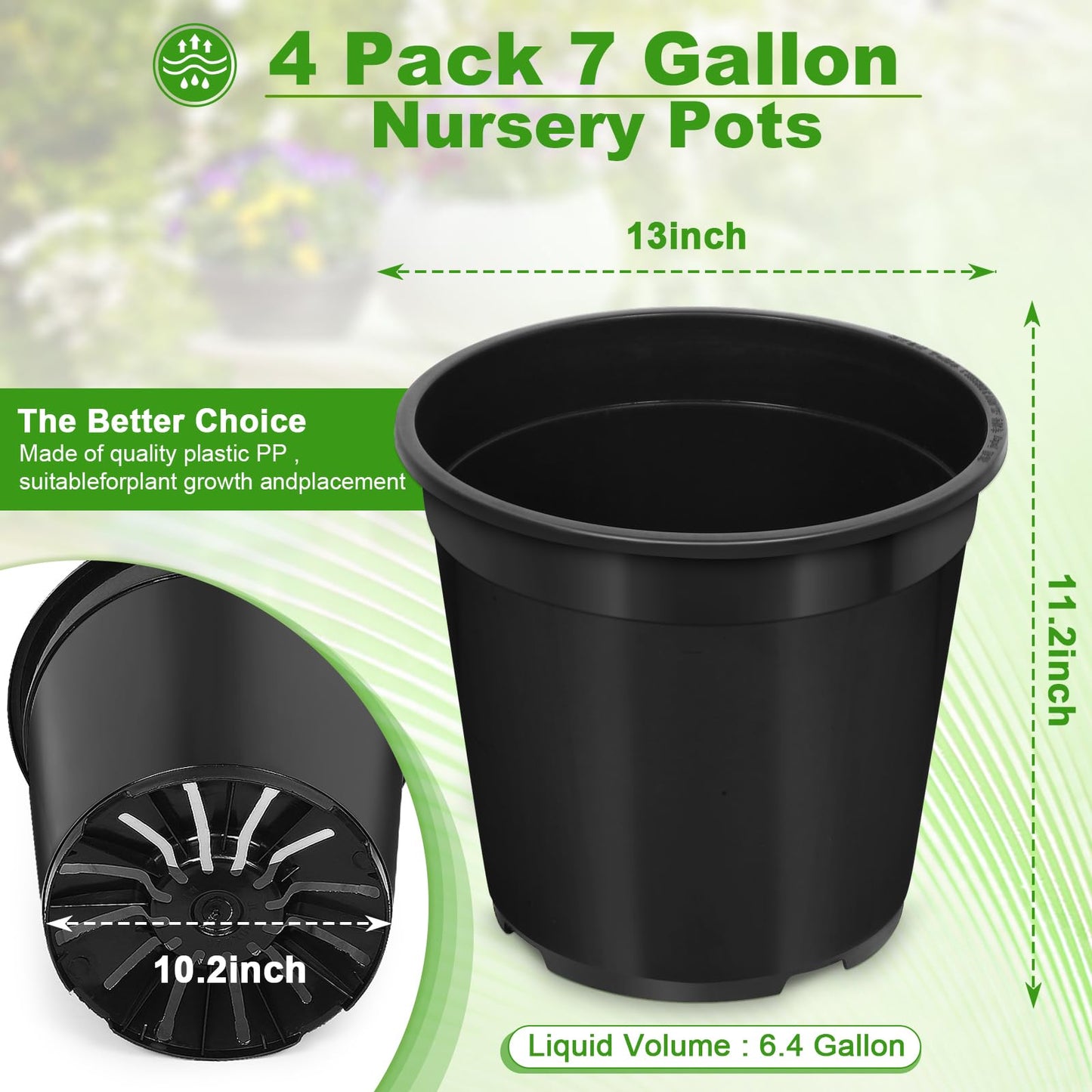 DUNPUTE 4 Pack 7 Gallon Pots for Plants, 7 Gallon Plastic Nursery Pot with Drainage Holes, Sturdy Plastic Plant Pots for Nursery Garden, Flowers, Succulent Outdoor Indoor (Black, 7 Gal- 4 Pack)