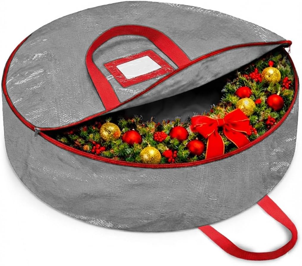 ZOBER Wreath Storage Container - 30 Inch Dual Zippered Bag for Artificial Wreaths - Durable Gray Design