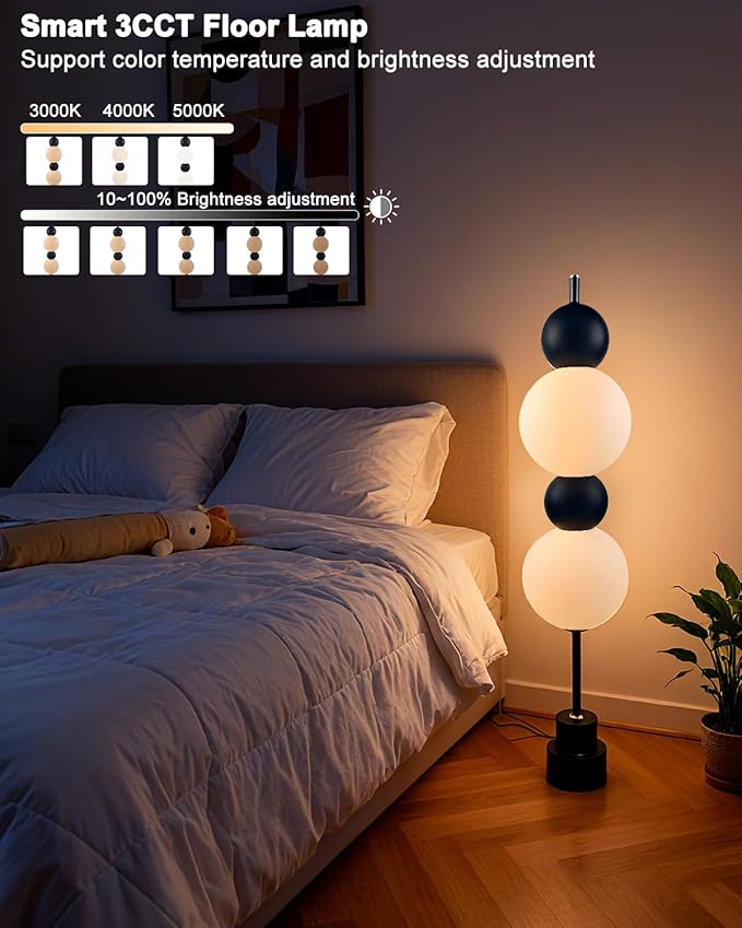 Globe Floor Lamp - Black Metal with White Globe Tower, 3000K Dimmable LED, Touch Switch, Modern Tall Standing Lamp for Bedroom, Living Room, Home Office