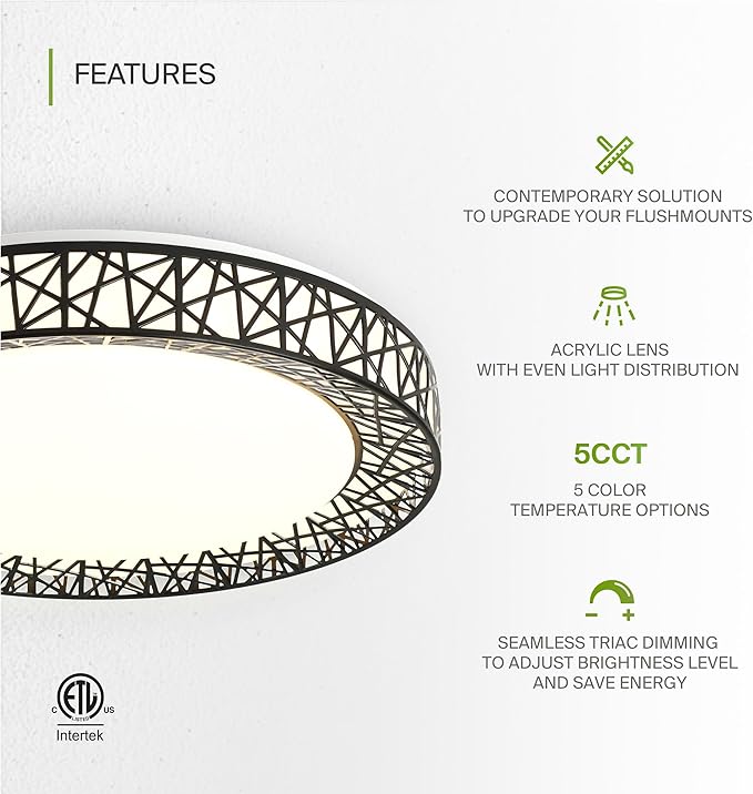 ASD 20 Inch LED Flush Mount Ceiling Light Fixture for Bedroom, 42W 2475LM 5CCT 2700K-5000K, Triac Dimmable Lights, Dining, Living Room, Kitchen Lamps, Modern Home Lighting Fixtures, Black, ETL, 2 Pack