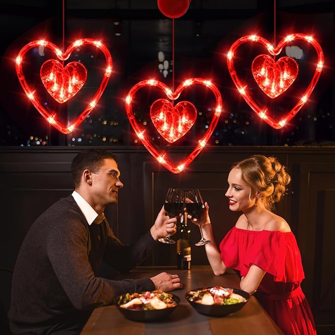 LOLStar 3 Pack Valentines Day Window Lights Decor with Timer, Battery Operated Red Heart-Shaped Window Decorations Silhouette Sucker LED Lamp Slow Fade Mode Hanging Lights for 2026 Holiday Indoor Home