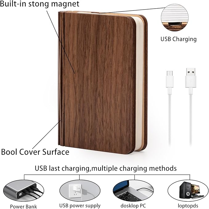 4.7 Inch Wooden Book Lamp, Book Lovers Gifts,Teacher Appreciation Gifts for Women, Folding Book Light, LED Ambient Lighting, Magnetic Mood Lighting for Home&Library Decor (Walnut)