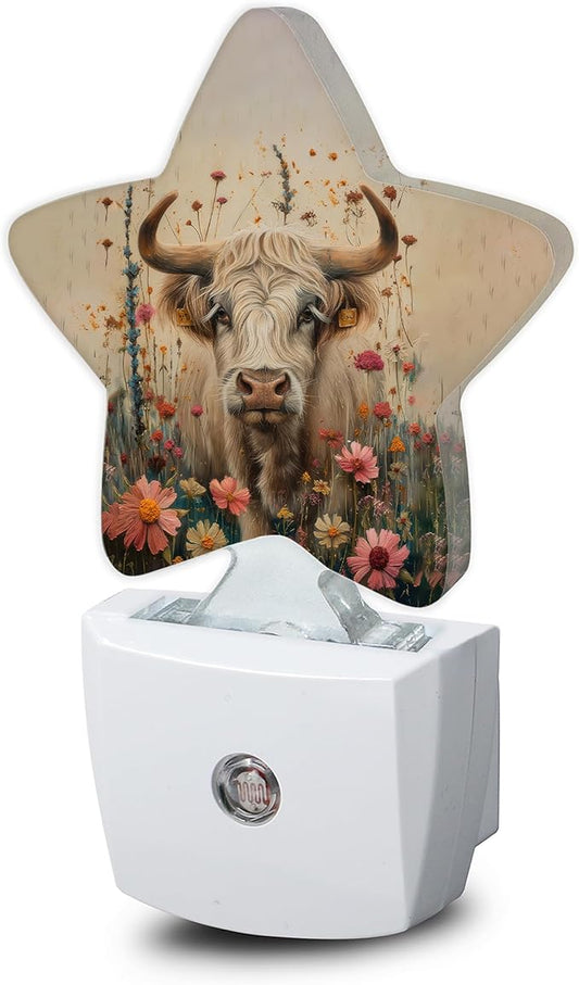 Highland Cow Night Light,Vintage Wildflowers Plug-in Star Night Lights with Dusk-to-Dawn Sensor for Bedroom,Bathroom,Living Room Sleep Friendly Lamp for Women Girls Boys Gift,0.5W