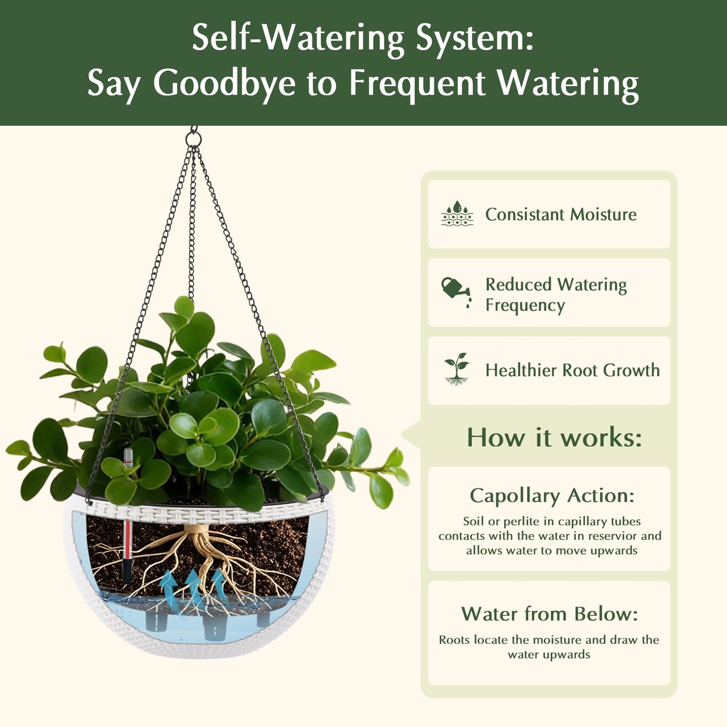 Vigo huseeo 13.5 inch 2Pack Large Hanging Planters for Outdoor/Indoor Plants, Self Watering Hanging Pot with Water Level Indicato, Drainage Holes and Chain for Garden Porch, White