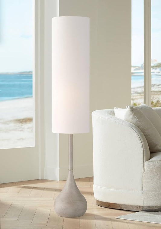 Possini Euro Design Moderne Mid Century Modern 62" Tall Standing Floor Lamp Droplet Foot Switch Natural Gray Metal Living Room Bedroom House Reading Office Home Decor Entryway White Drum Shade"