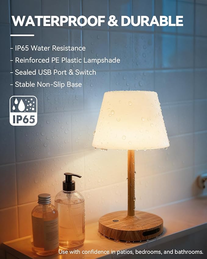 Outdoor Waterproof Shower Lamp, 5200mAh Cordless Rechargeable Table Lamp with Touch Dimming, IP65 Wireless LED Night Light for Patio, Camping, Bathroom, Restaurant & Kitchen