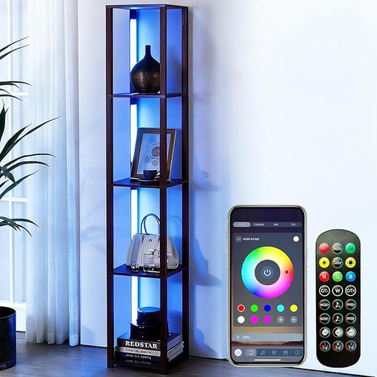 RGBCW Floor Lamp with Shelves, Smart Modern Floor Lamp with Music Sync, Color Changing Corner Display Shelf Lamp, Dimmable Square Standing Lamp for Living Room and Bedroom, Office