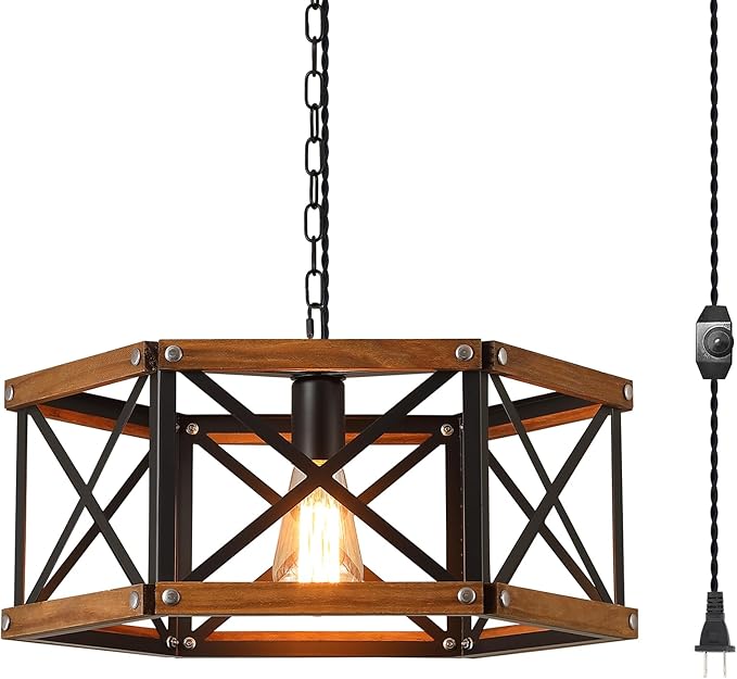 Rustic Farmhouse Large Plug in Pendant Light Fixture with Adjustable Chain, Dimmable Switch, 17.8 inch Industrial Oak Wood and Metal Cage Hanging Lamp for Dining Room Kitchen Farmhouse Entry, Black