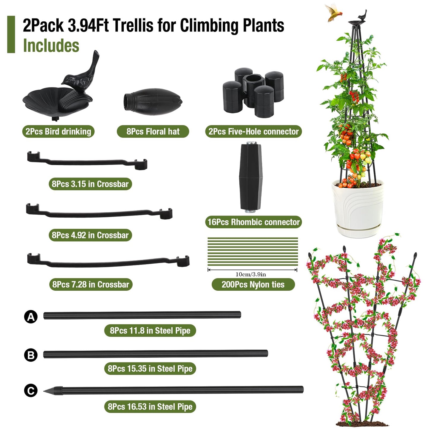 Yeghujar 4Ft Garden Trellis for Climbing Plants Outdoor, 2Packs Trellis for Monstera Plants Indoor Large, Tower Obelisk & Fan-Shaped Plant Support Garden Trellis for Potted Flowers, Tomatoes, Vines